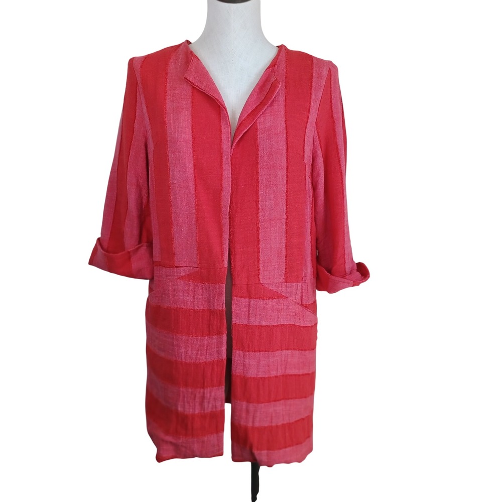 Eva Franco Red Striped Goldfish Embroidery Duster Jacket XS LN6289A USA